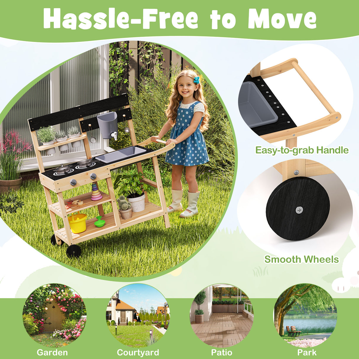 Wooden play kitchen cart with wheels, girl playing outdoors, and various outdoor settings.