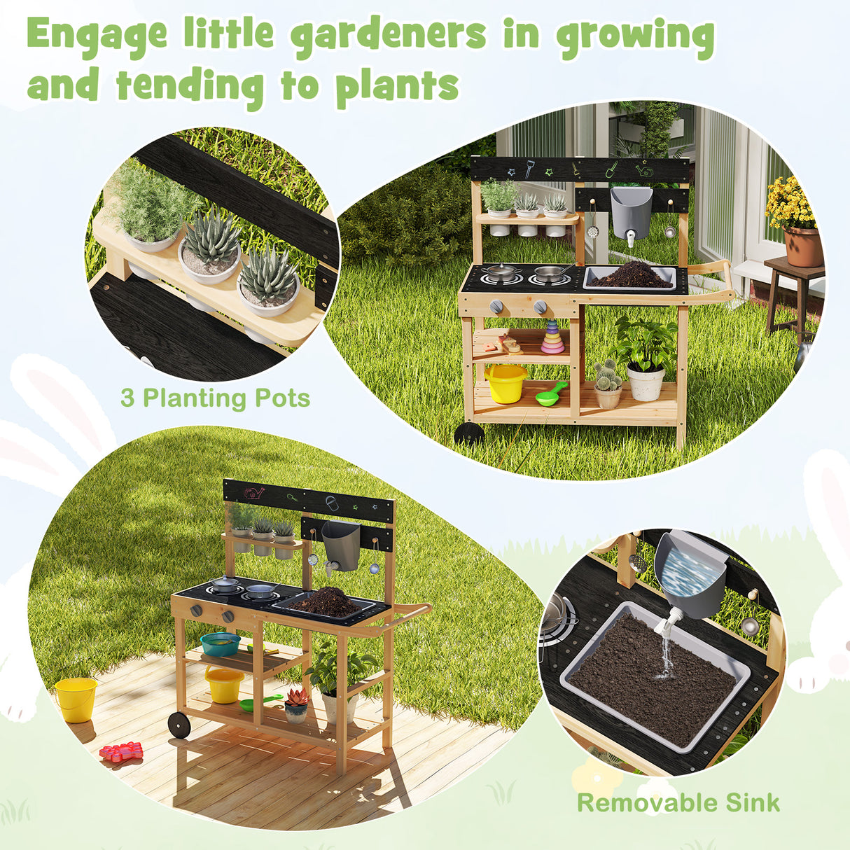 Children's outdoor play kitchen with gardening elements on a grassy background