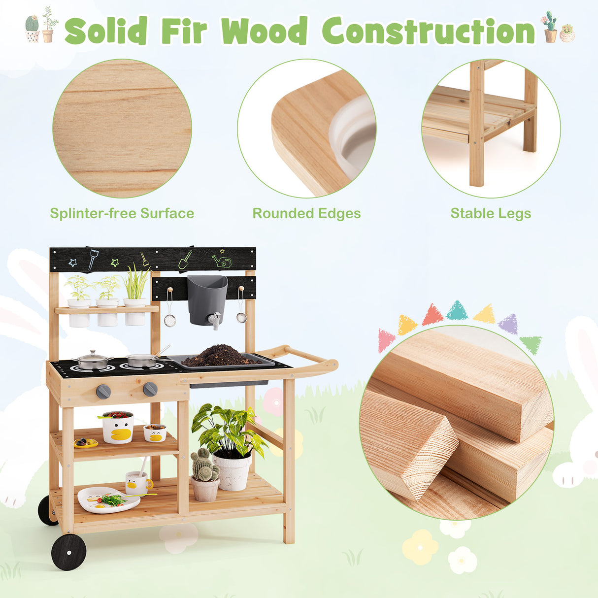 Wooden play kitchen set with splinter-free surface, rounded edges, and stable legs on a light green background.