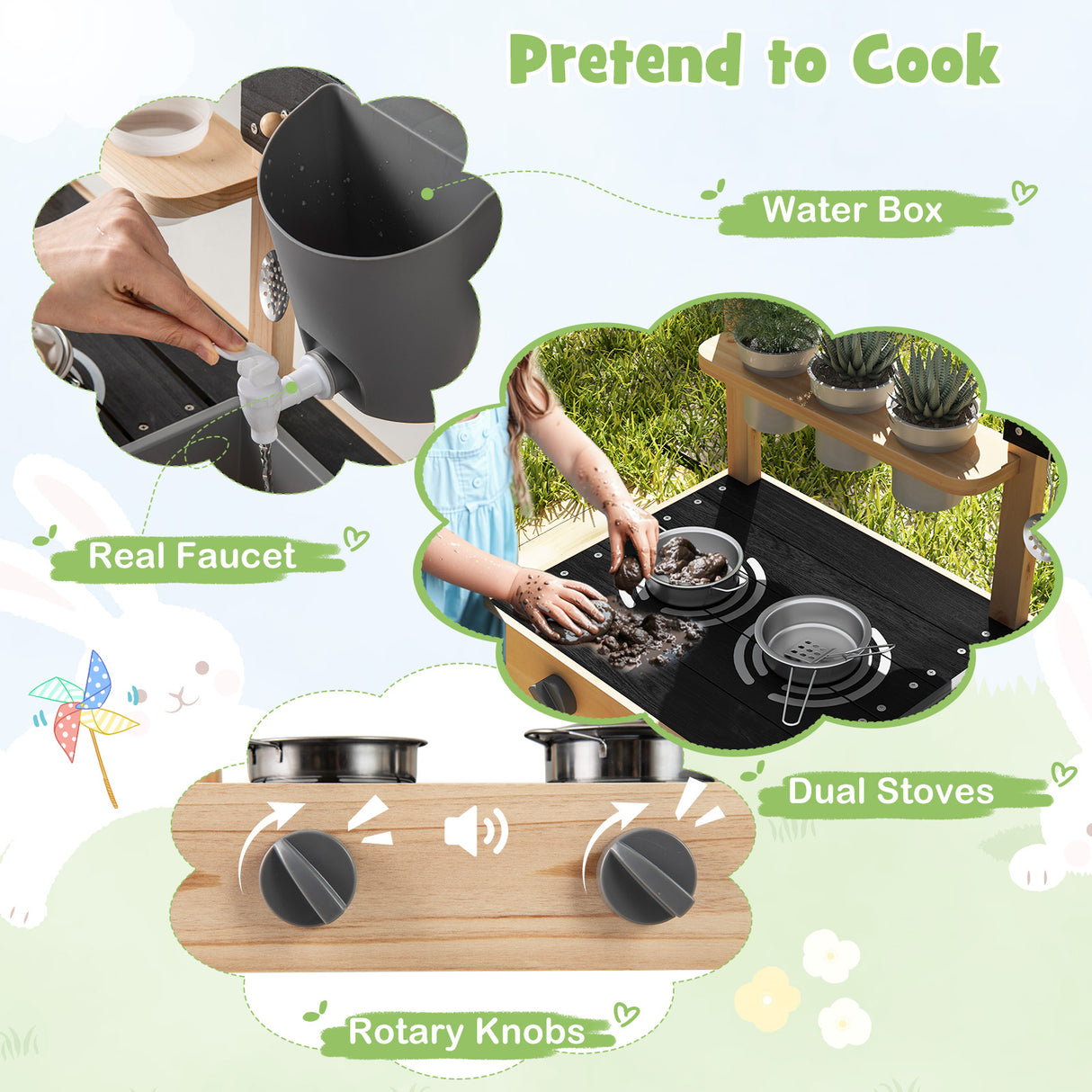Collage of a cooking setup with water box, real faucet, dual stoves, and rotary knobs on a light green background.