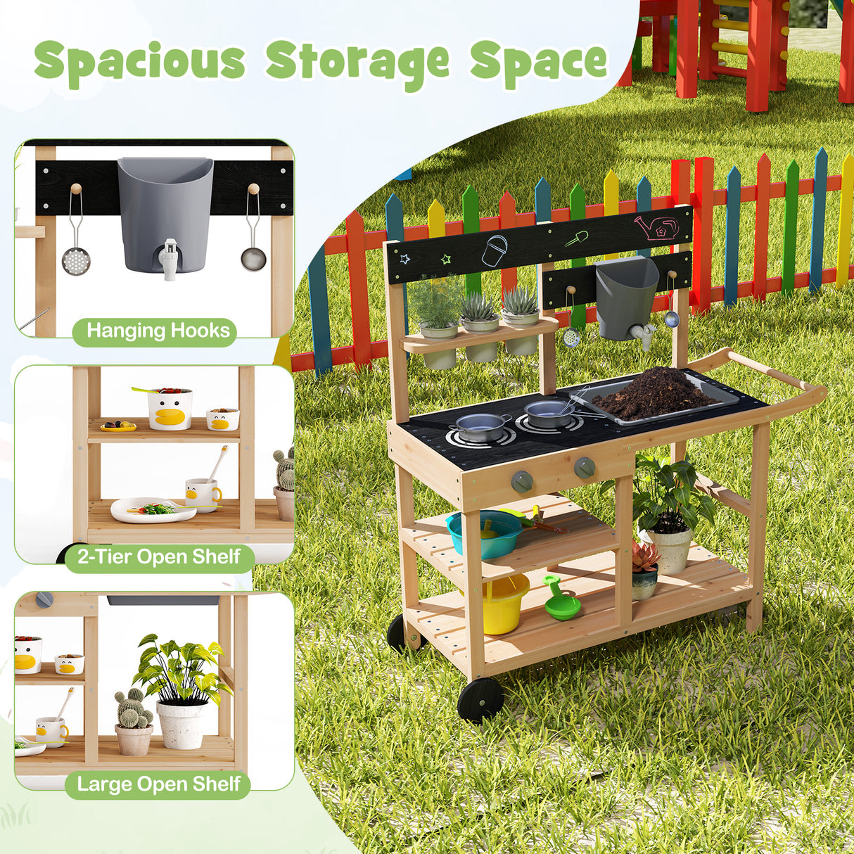Wooden play kitchen set with storage shelves on a grassy area, featuring hanging hooks, 2-tier open shelf, and large open shelf.