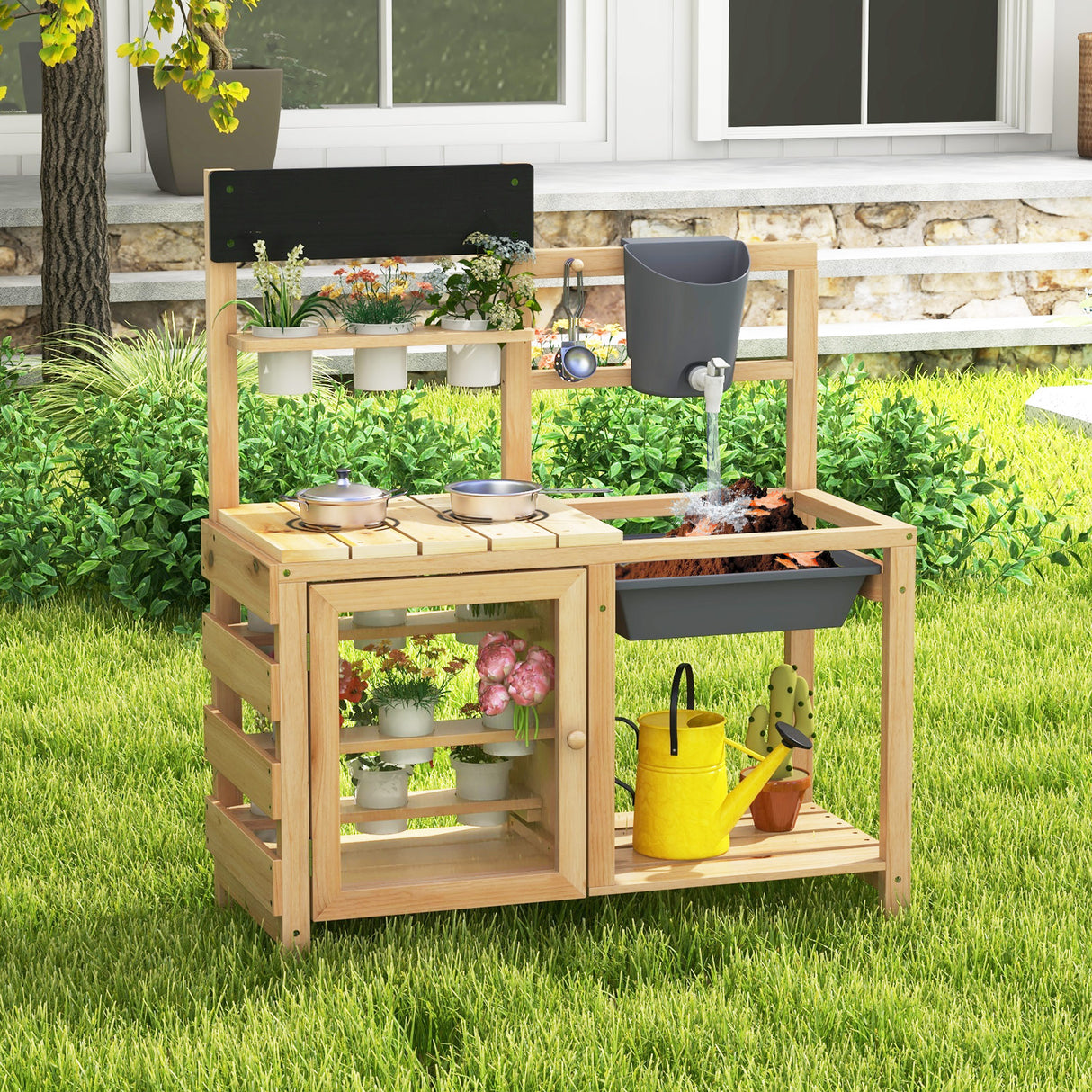 Wooden outdoor potting bench with gardening tools and plants in a garden setting
