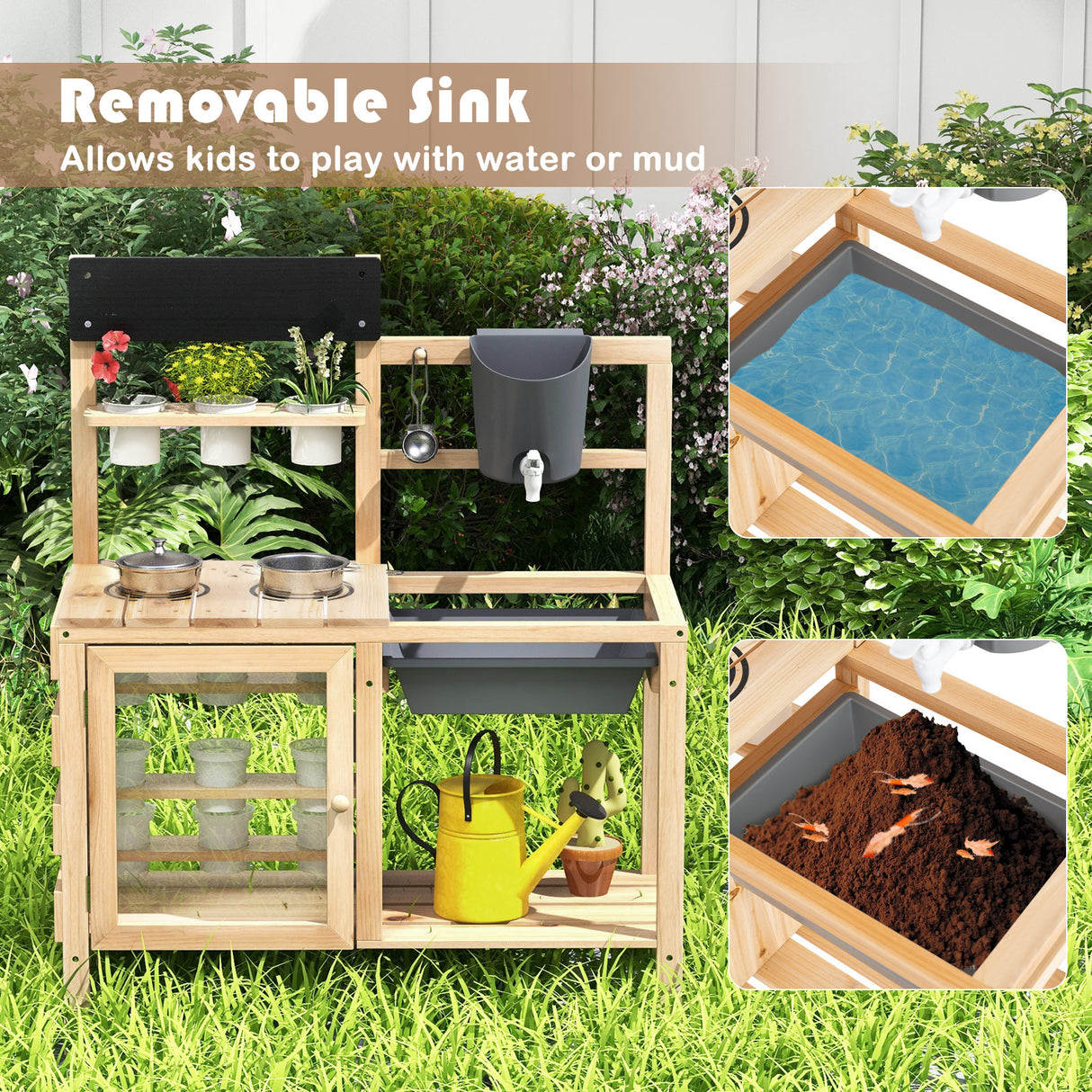 Wooden play kitchen set with removable sink for children to play with water or mud, surrounded by greenery.