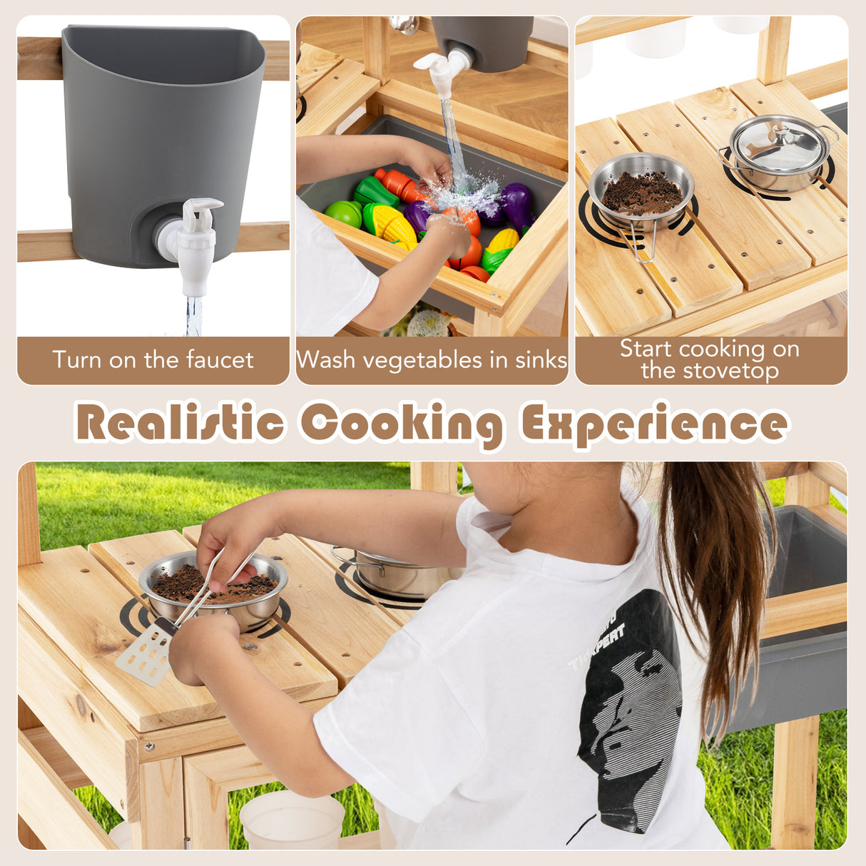 Collage of a child playing with a wooden play kitchen set, including a faucet, sinks, and stove.