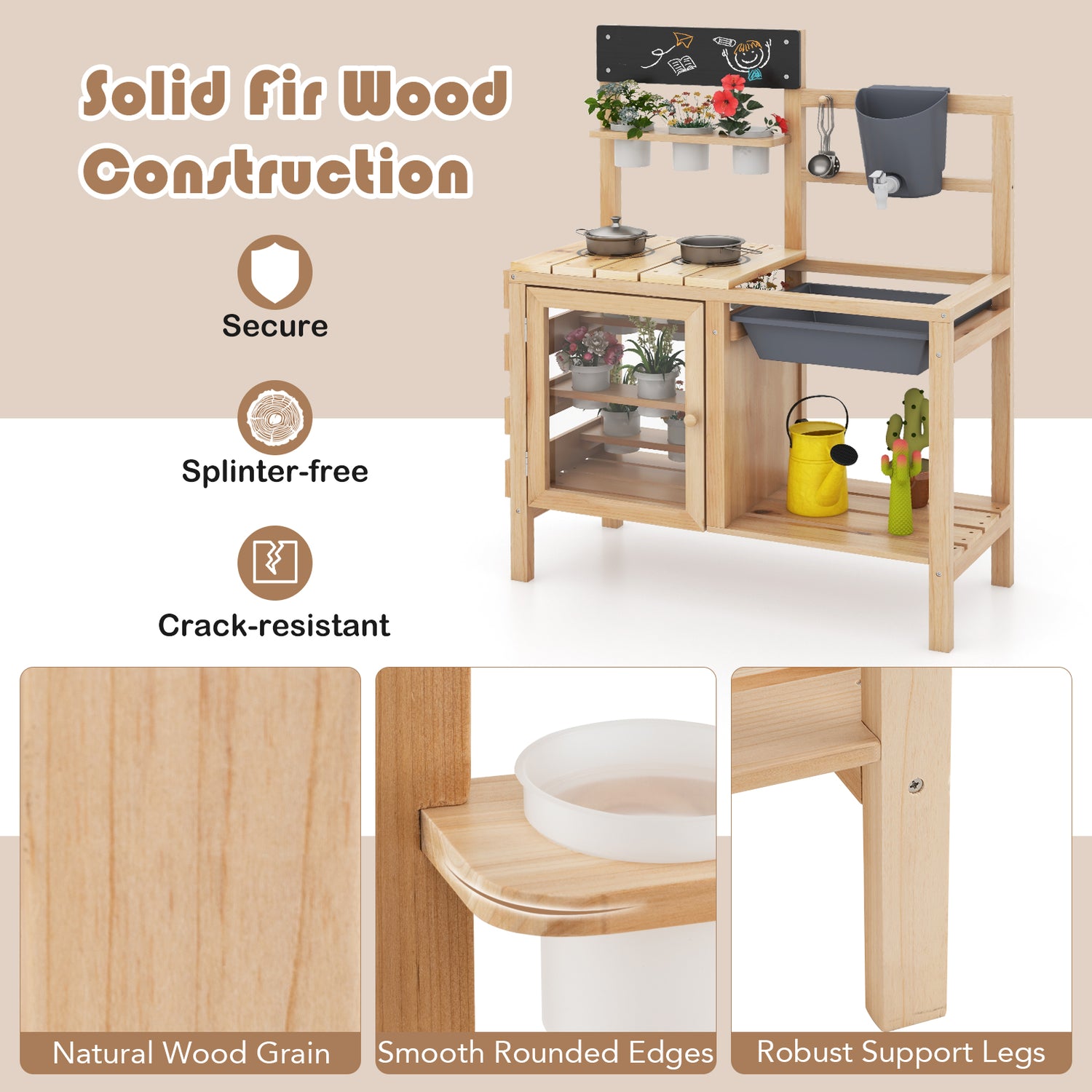 Wooden play kitchen set with solid fir wood construction features and natural wood grain.