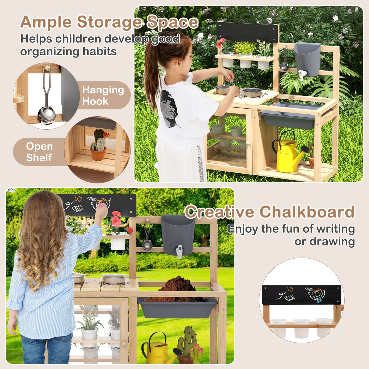 Children's play kitchen set with chalkboard, storage space, and hanging hook in an outdoor setting.