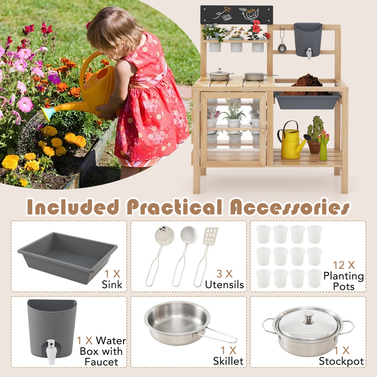 Children's play kitchen set with accessories and a child playing outdoors.