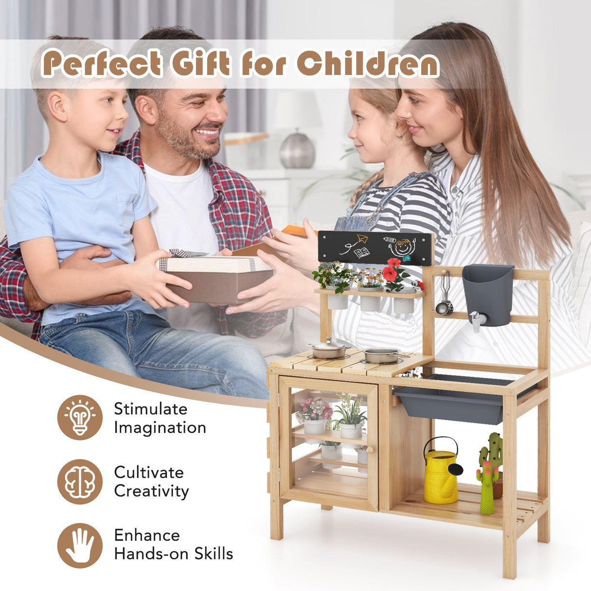 Family interacting with a wooden play kitchen set, suitable for children.