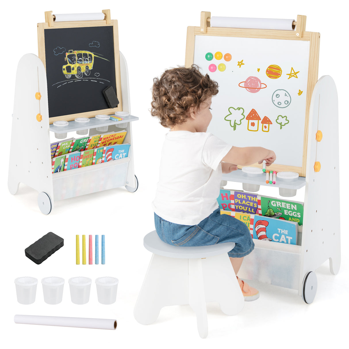 Height Adjustable Kids Art Easel with Stool, 4-in-1 Toddler Activity Table Set with Magnetic Whiteboard, Chalk Board, Bookshelves
