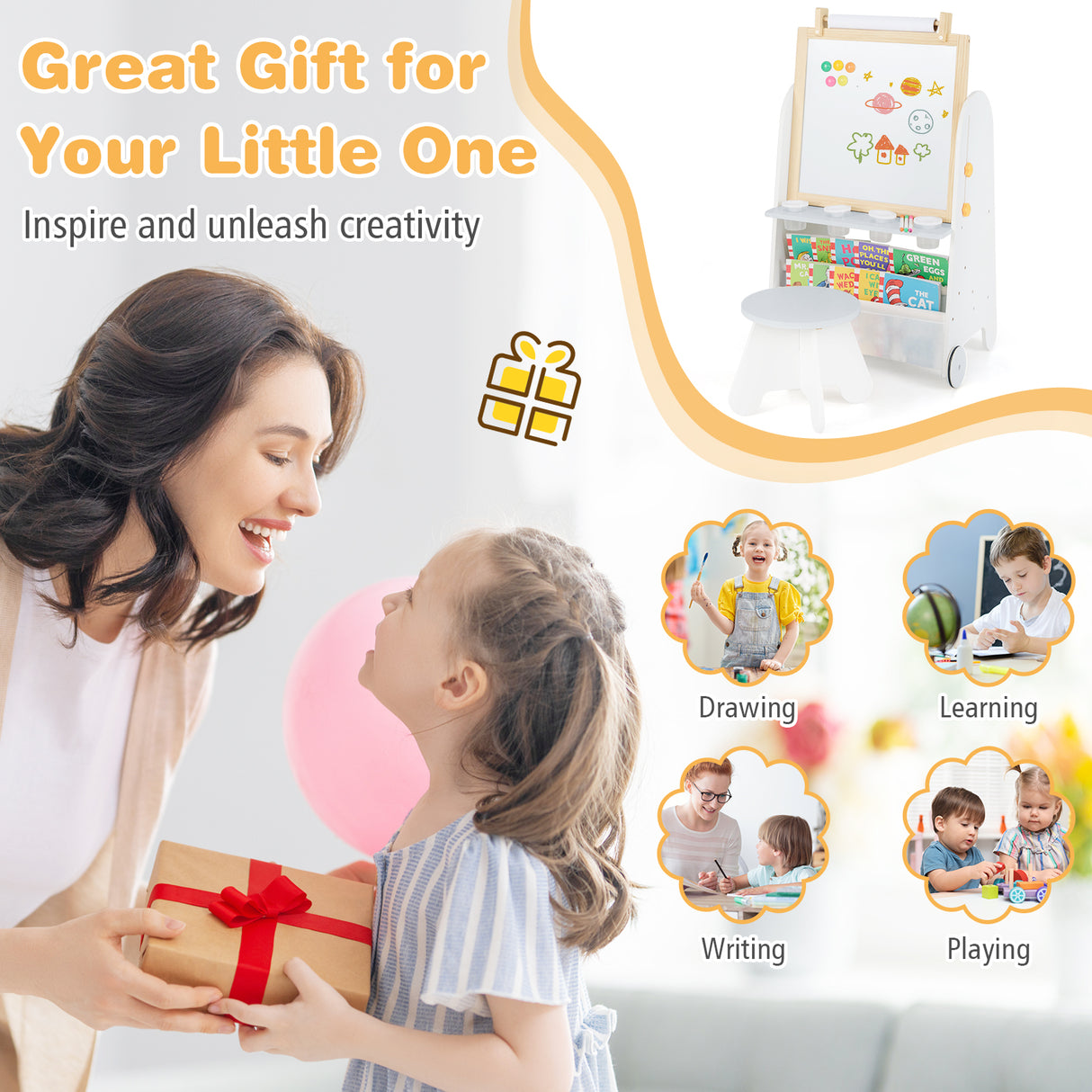 Height Adjustable Kids Art Easel with Stool, 4-in-1 Toddler Activity Table Set with Magnetic Whiteboard, Chalk Board, Bookshelves