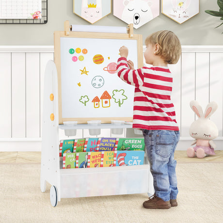 Height Adjustable Kids Art Easel with Stool, 4-in-1 Toddler Activity Table Set with Magnetic Whiteboard, Chalk Board, Bookshelves