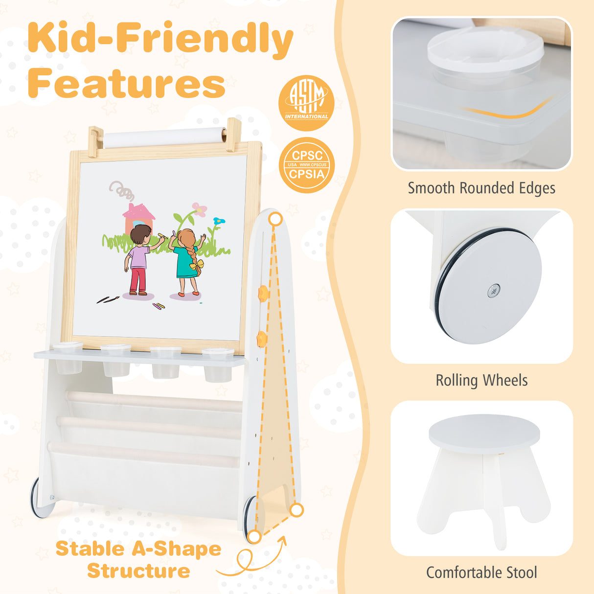 Height Adjustable Kids Art Easel with Stool, 4-in-1 Toddler Activity Table Set with Magnetic Whiteboard, Chalk Board, Bookshelves