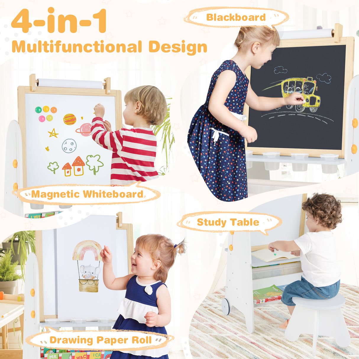 Height Adjustable Kids Art Easel with Stool, 4-in-1 Toddler Activity Table Set with Magnetic Whiteboard, Chalk Board, Bookshelves