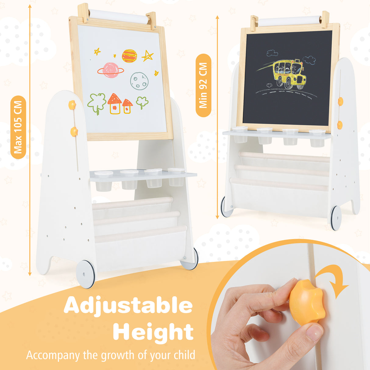 Height Adjustable Kids Art Easel with Stool, 4-in-1 Toddler Activity Table Set with Magnetic Whiteboard, Chalk Board, Bookshelves