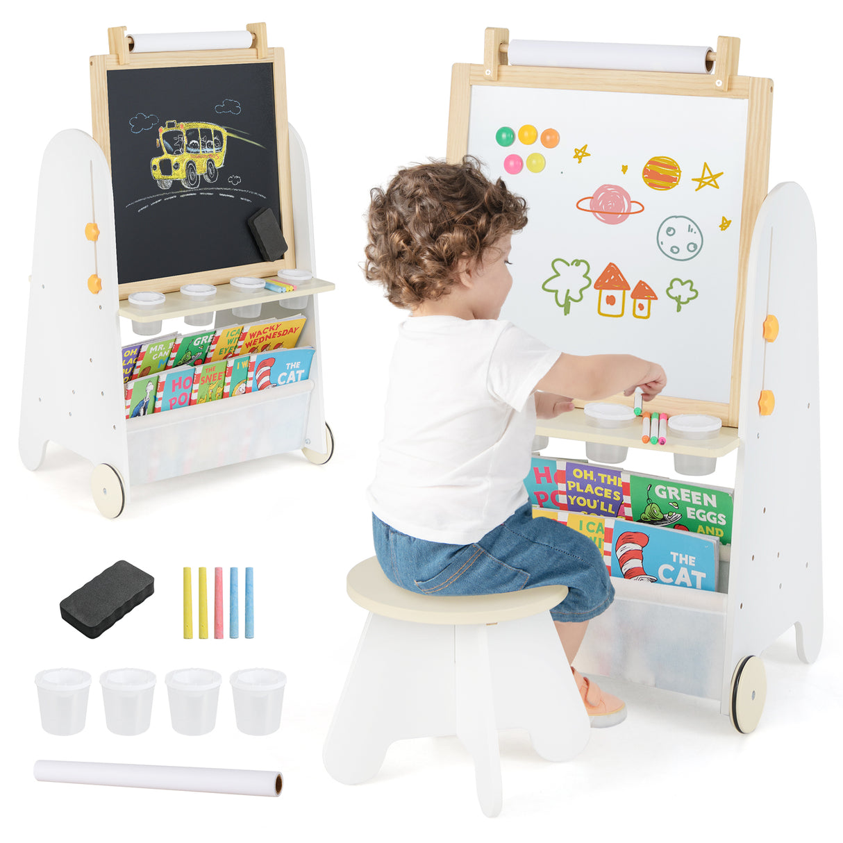 Height Adjustable Kids Art Easel with Stool, 4-in-1 Toddler Activity Table Set with Magnetic Whiteboard, Chalk Board, Bookshelves