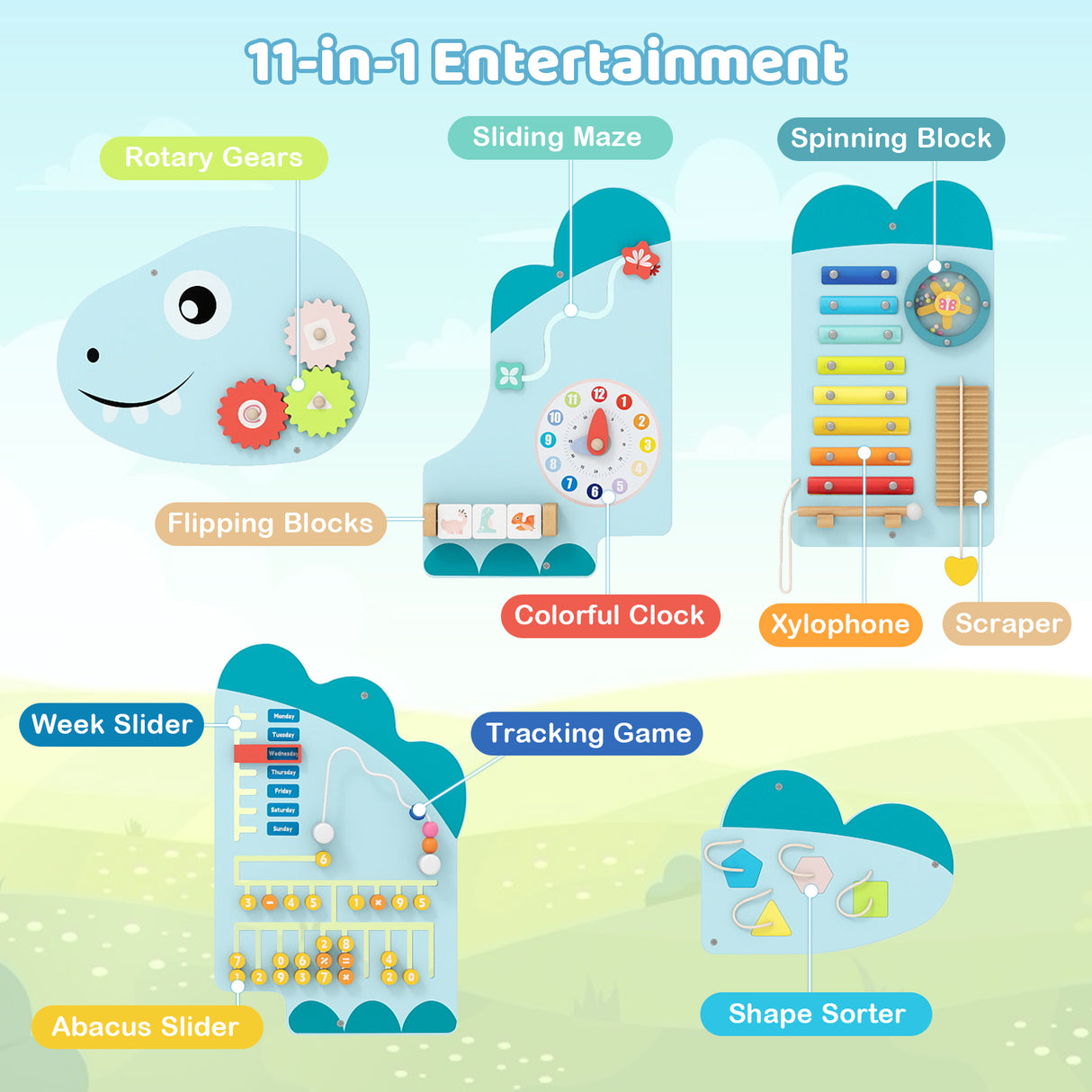 Unicorn Activity Wall Busy Board Panels 11-in-1 Montessori Sensory Board