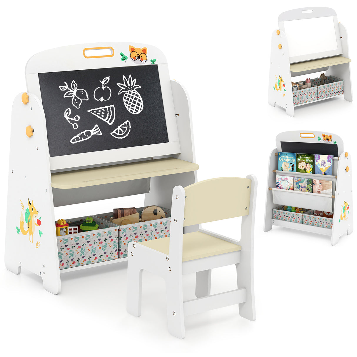 Children's play set with a whiteboard, storage shelves, and chair on a white background