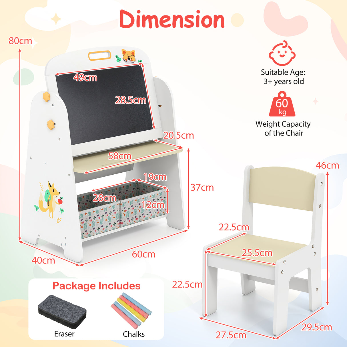 Children's desk and chair set with dimensions and product details on a colorful background
