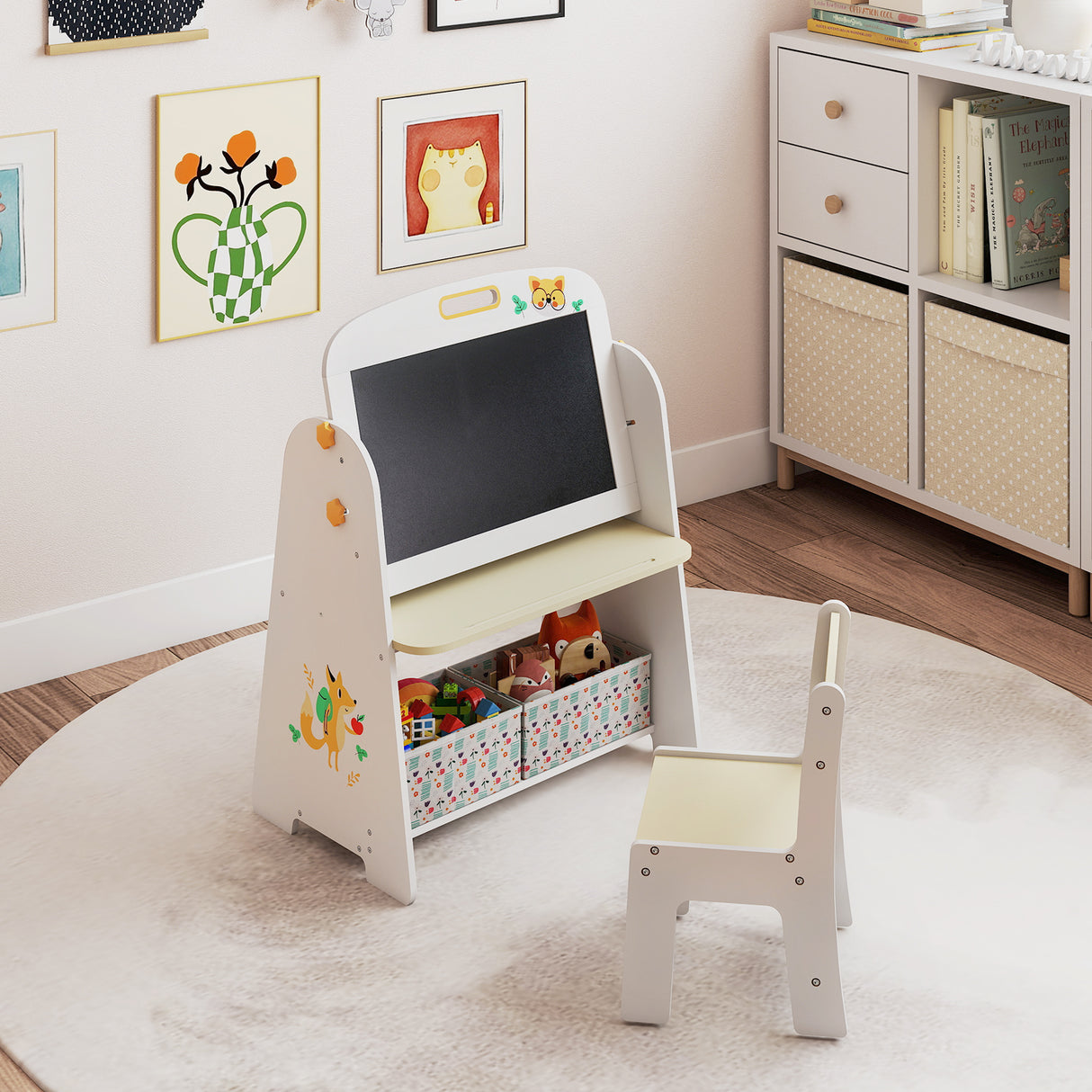 Children's play area with a whiteboard and toy storage unit in a room with books and decor.