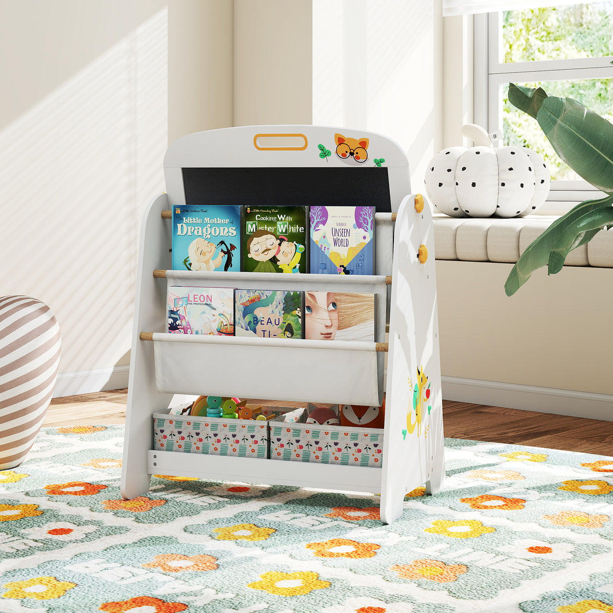 Kids Table and Chair Set, 4-in-1 Art Easel and Bookshelf