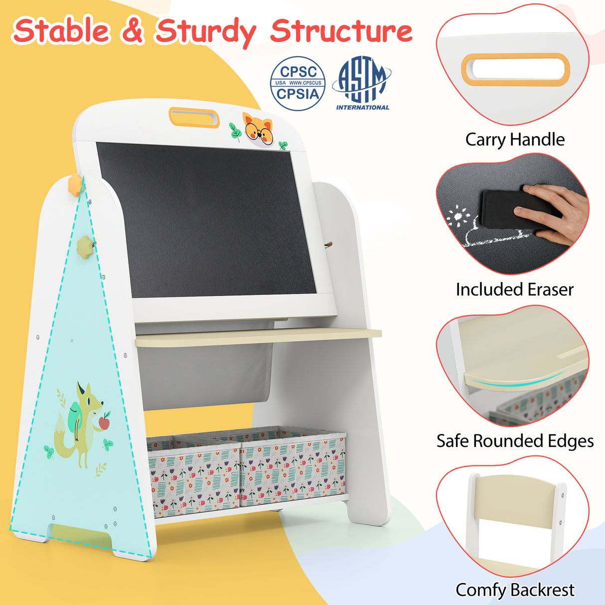Children's art easel with features highlighted on a yellow background