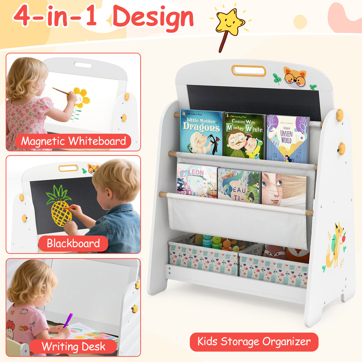 Children's multi-functional learning and storage unit with whiteboard, blackboard, and bookshelf.