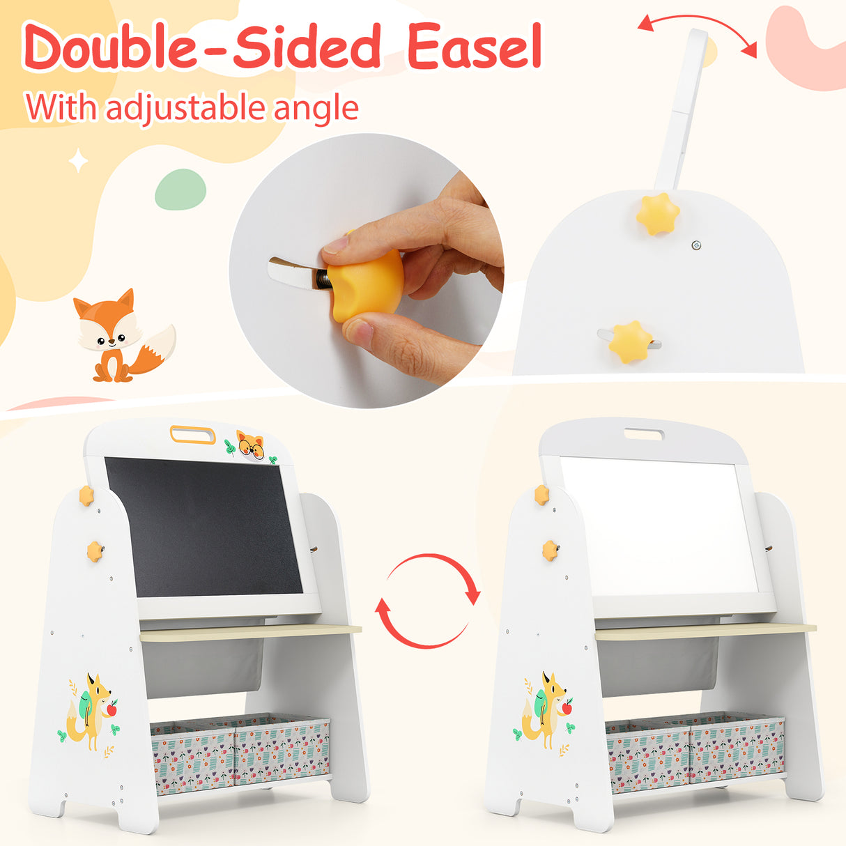 Double-sided easel with adjustable angle, featuring a hand holding a yellow object.