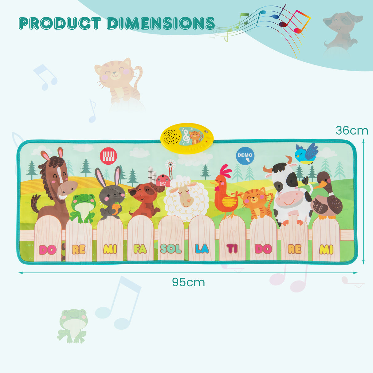 Children's play mat with animal illustrations and musical notes, showing product dimensions.