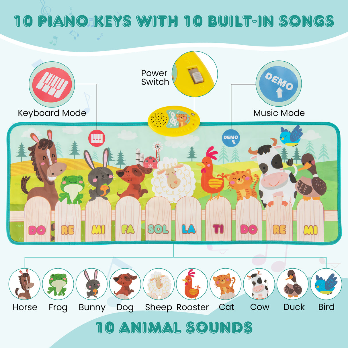 Children's piano keyboard with animal illustrations and music modes on a blue background