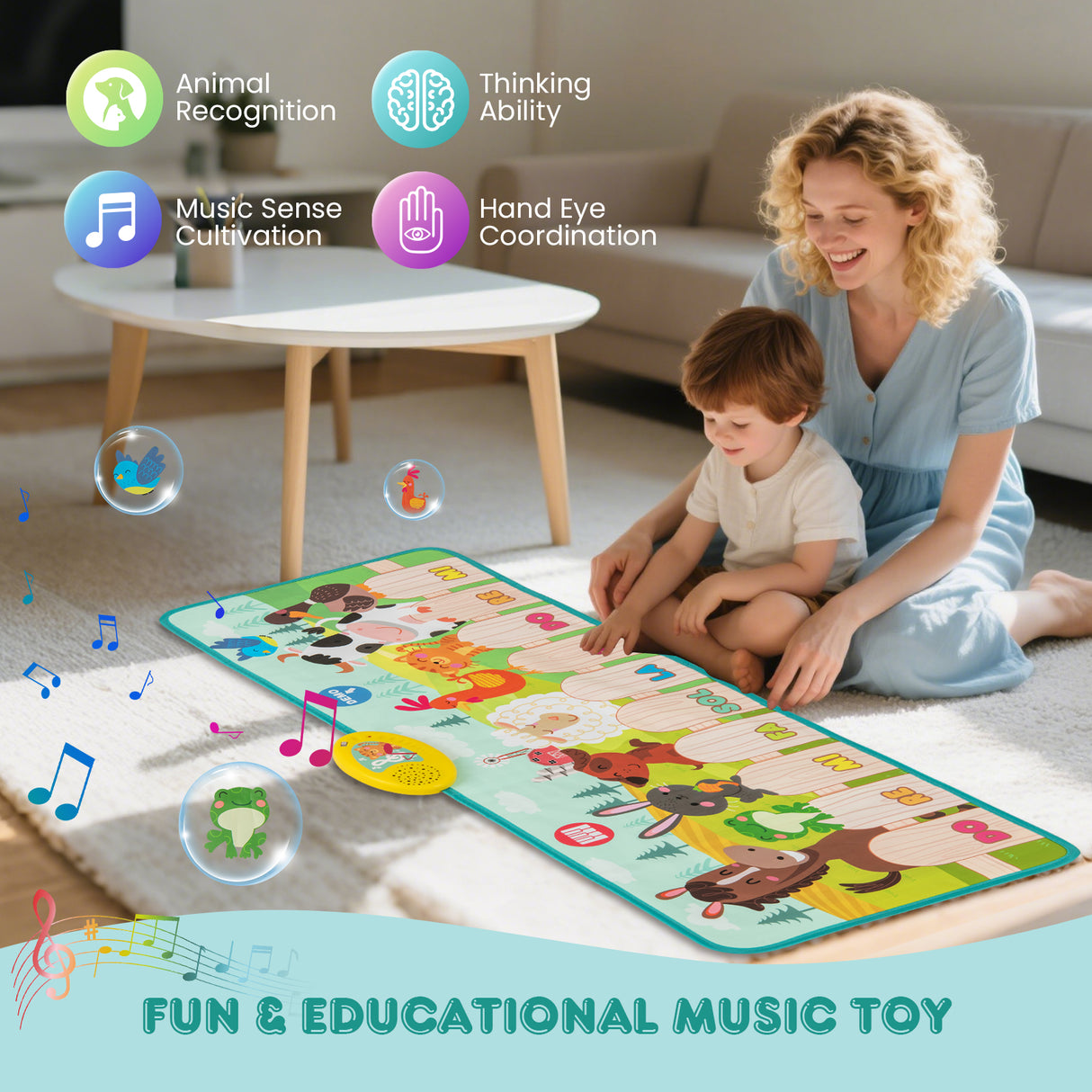 Woman and child playing with a colorful music mat in a living room.