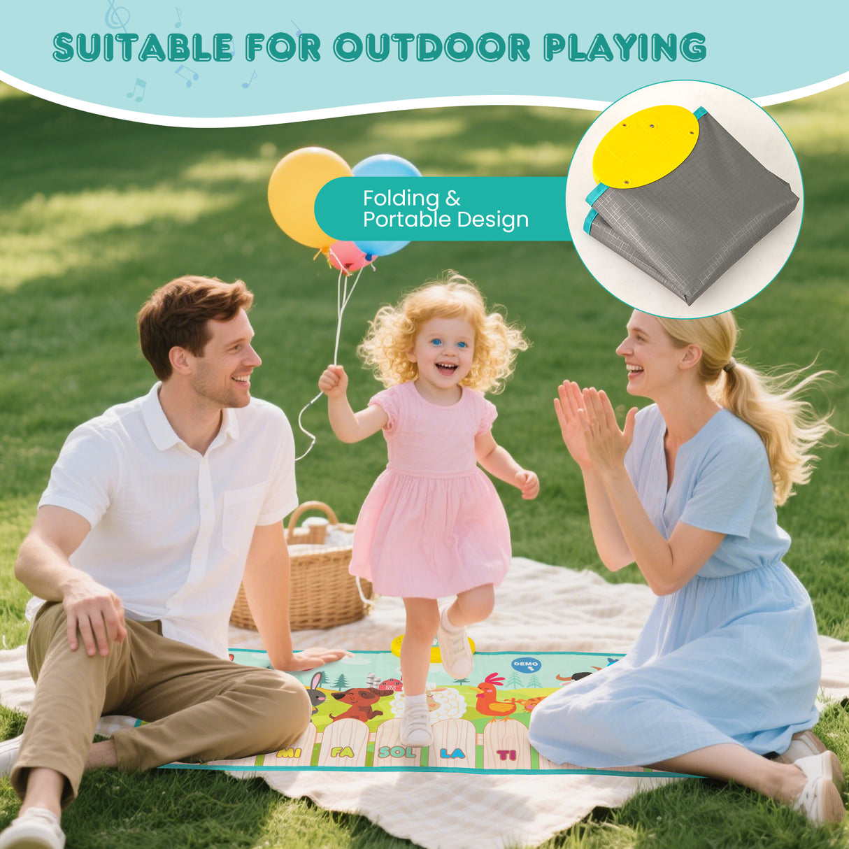 Family enjoying outdoor time with a portable play mat on grass