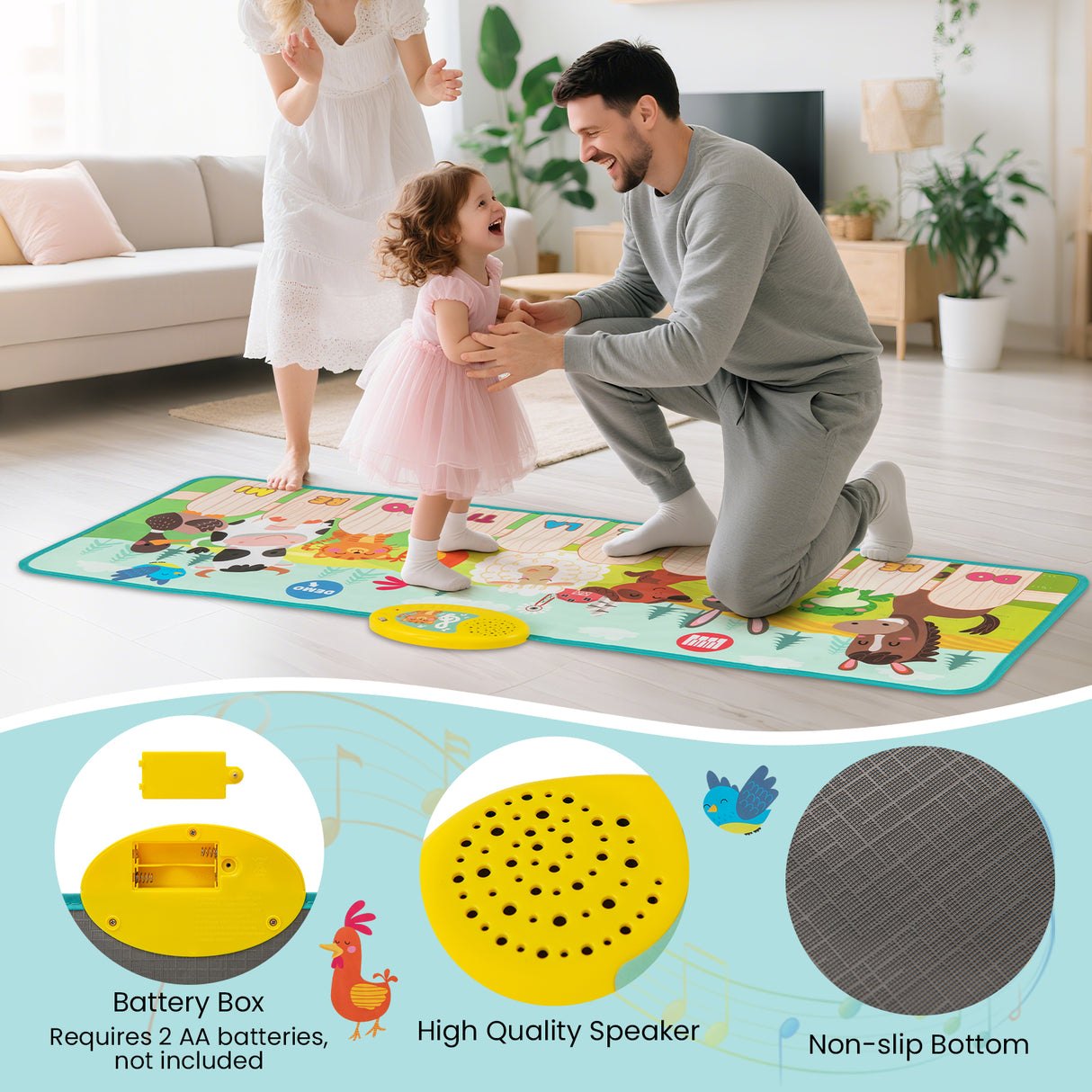 Family playing on a colorful mat with educational designs in a living room.