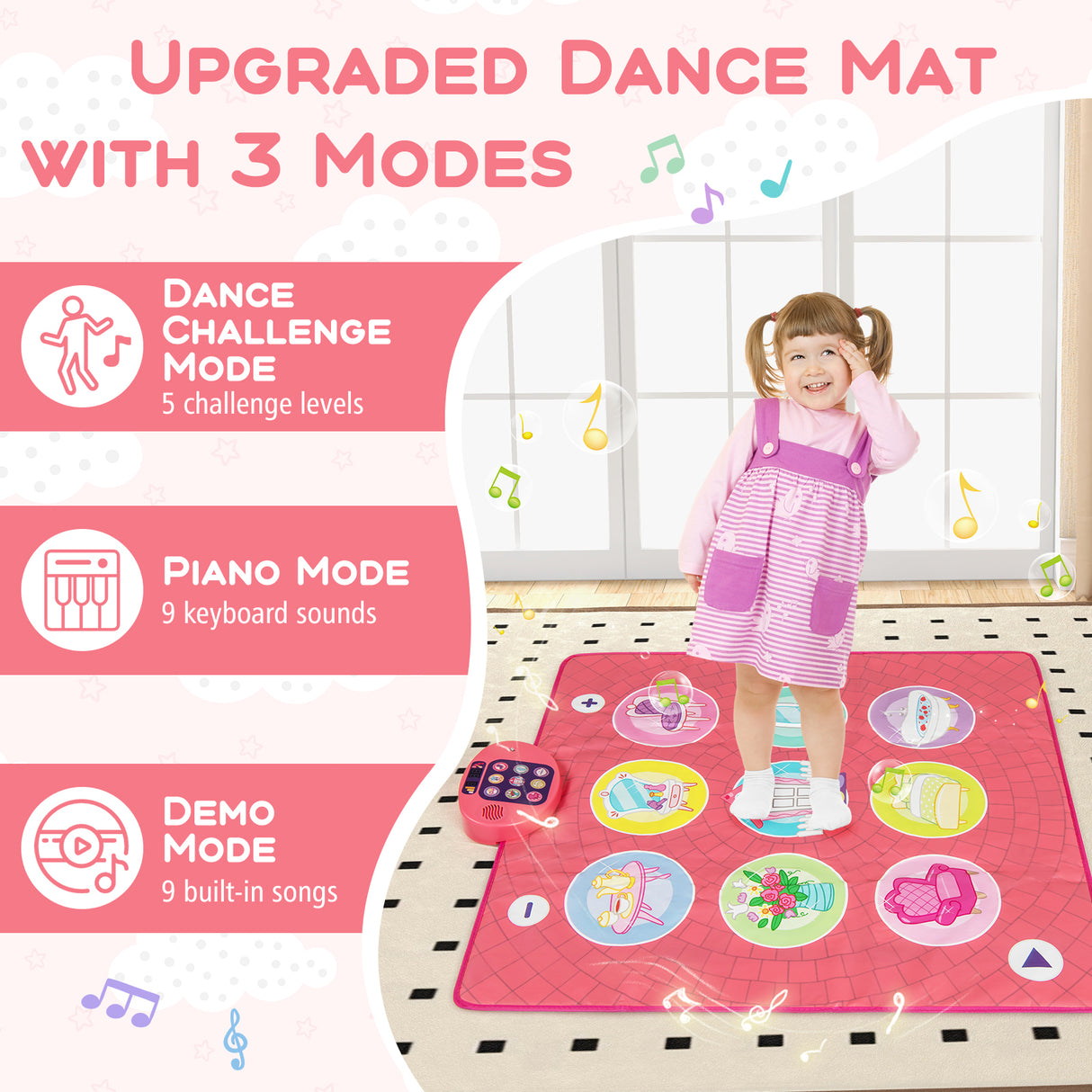 Fun Dance Mat for Kids, Interactive Gift for 3+ Years Old Boys and Girls, Pink