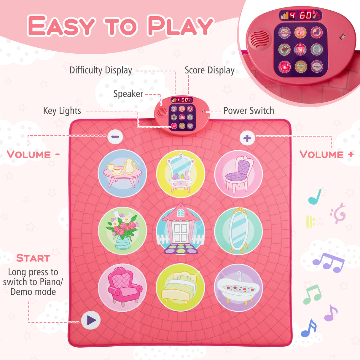 Fun Dance Mat for Kids, Interactive Gift for 3+ Years Old Boys and Girls, Pink