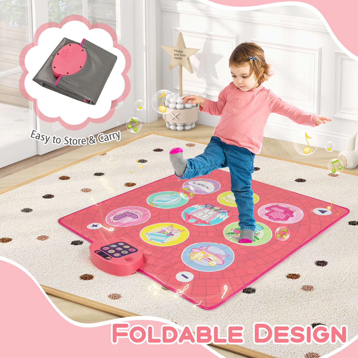 Fun Dance Mat for Kids, Interactive Gift for 3+ Years Old Boys and Girls, Pink