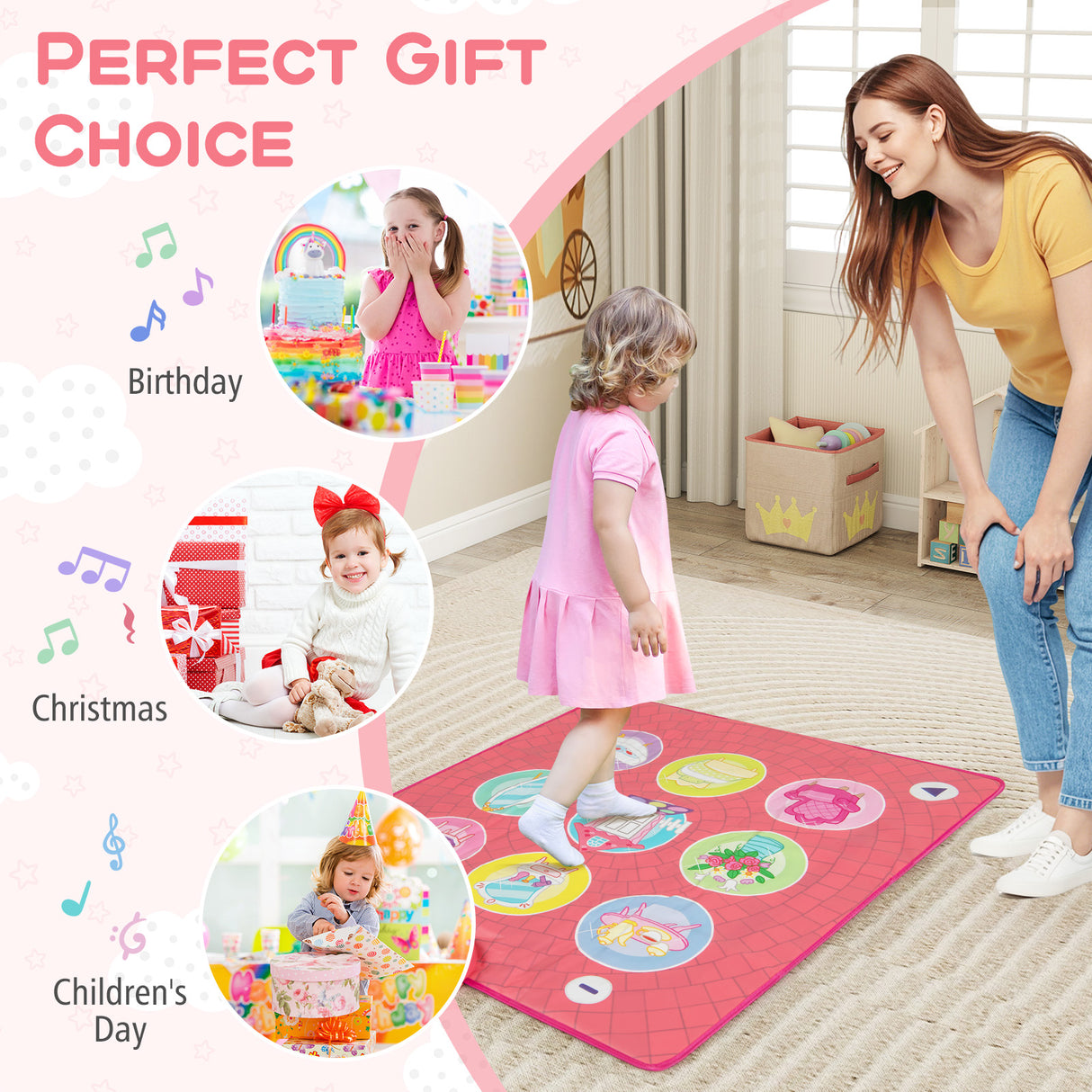 Fun Dance Mat for Kids, Interactive Gift for 3+ Years Old Boys and Girls, Pink