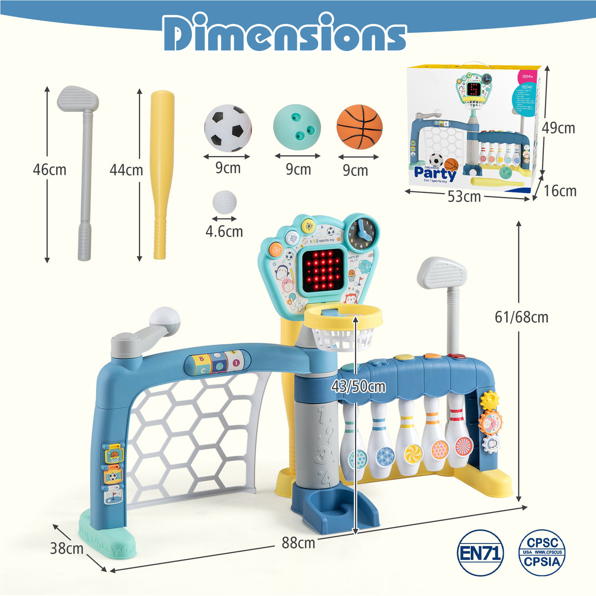 5 in 1 Toddler Sports Toy Kids Activity Center with Adjustable Basketball Hoop