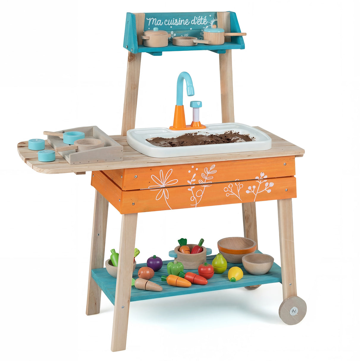 Wooden Toy Kitchen Playset with Removable Sink and Circulation Faucet