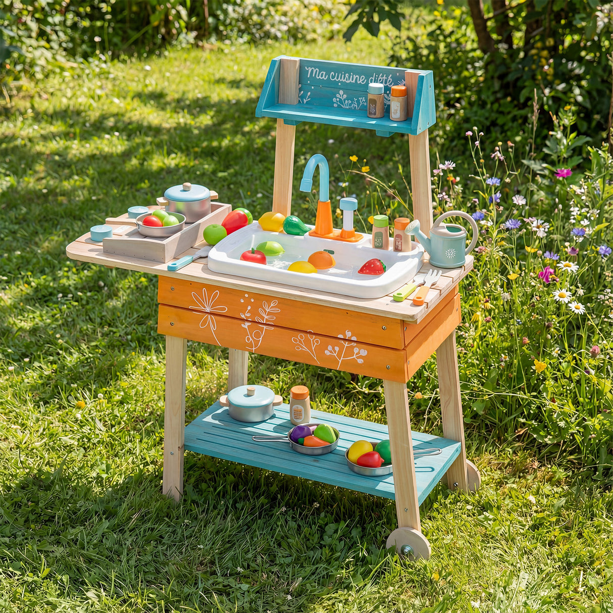 Wooden Toy Kitchen Playset with Removable Sink and Circulation Faucet