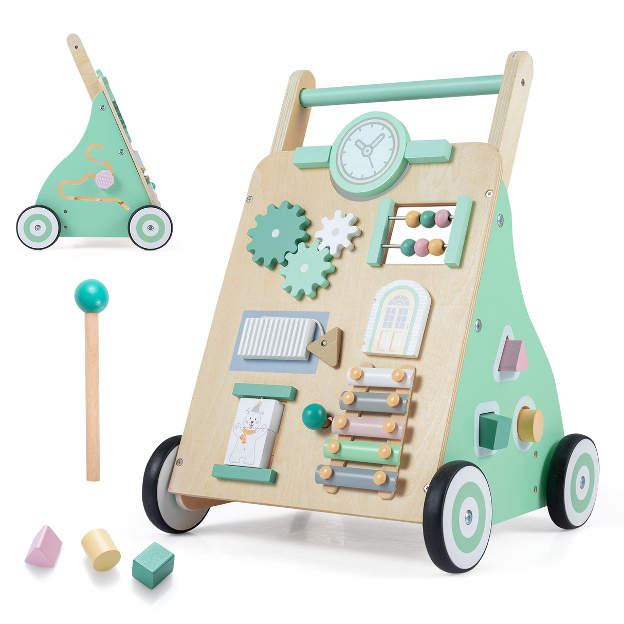 Montessori Walker w/ Mirror & Clock, Shape Sorter, Tracking Game, Xylophone with Mallet for 1+ Years Old Boys & Girls