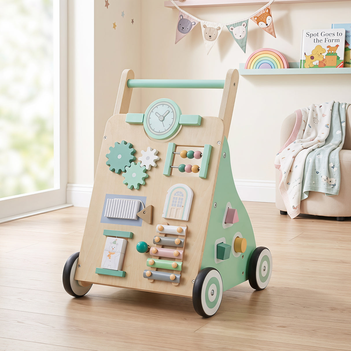 Montessori Walker w/ Mirror & Clock, Shape Sorter, Tracking Game, Xylophone with Mallet for 1+ Years Old Boys & Girls
