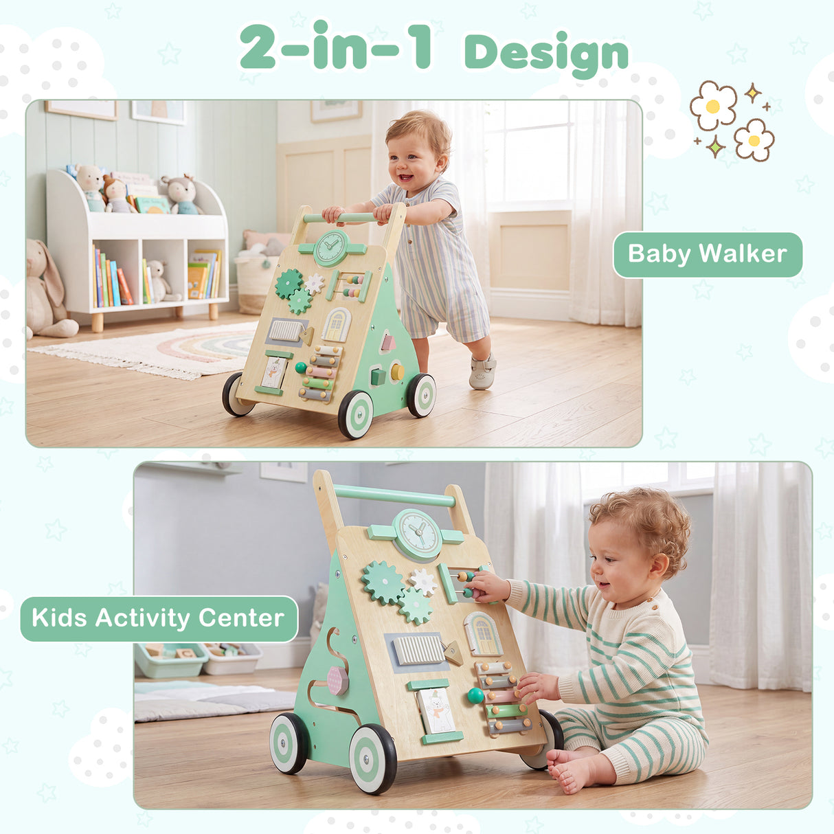 Montessori Walker w/ Mirror & Clock, Shape Sorter, Tracking Game, Xylophone with Mallet for 1+ Years Old Boys & Girls
