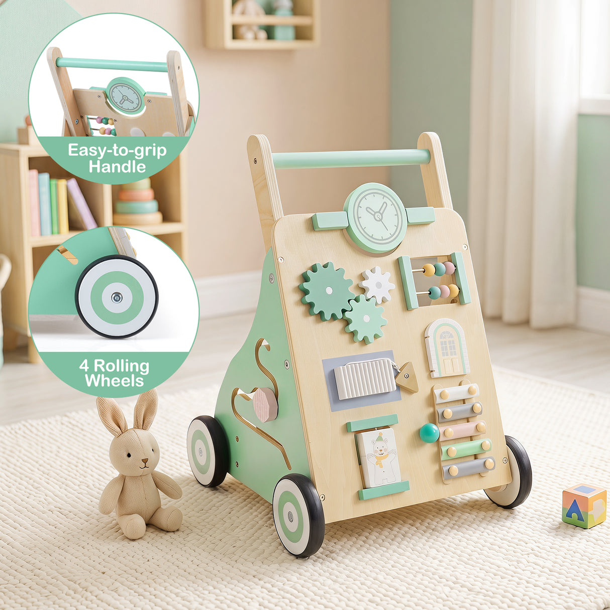 Montessori Walker w/ Mirror & Clock, Shape Sorter, Tracking Game, Xylophone with Mallet for 1+ Years Old Boys & Girls