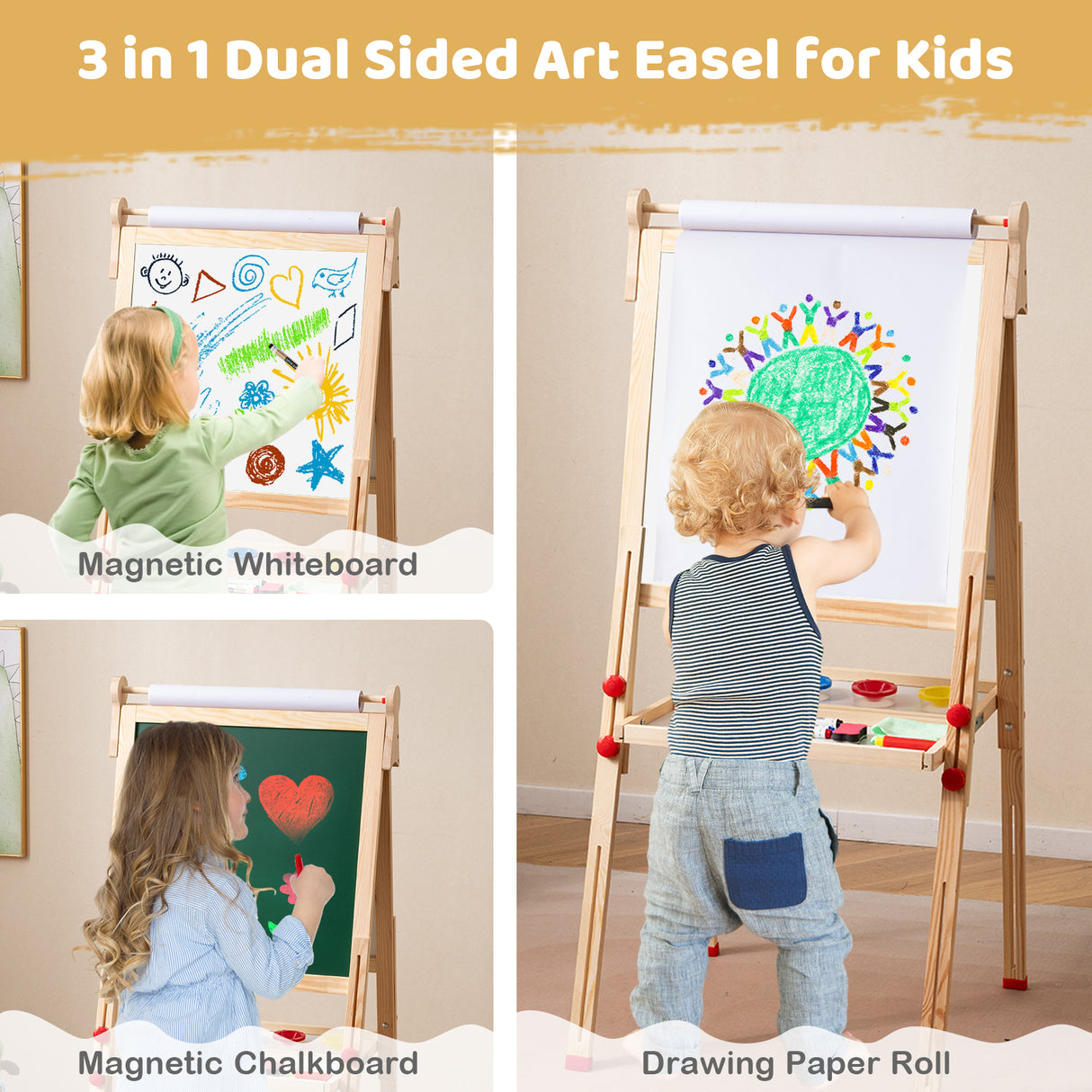 BABY JOY Kids Art Easel, Wooden Foldable Double-Sided Chalkboard Whiteboard w/Board Eraser