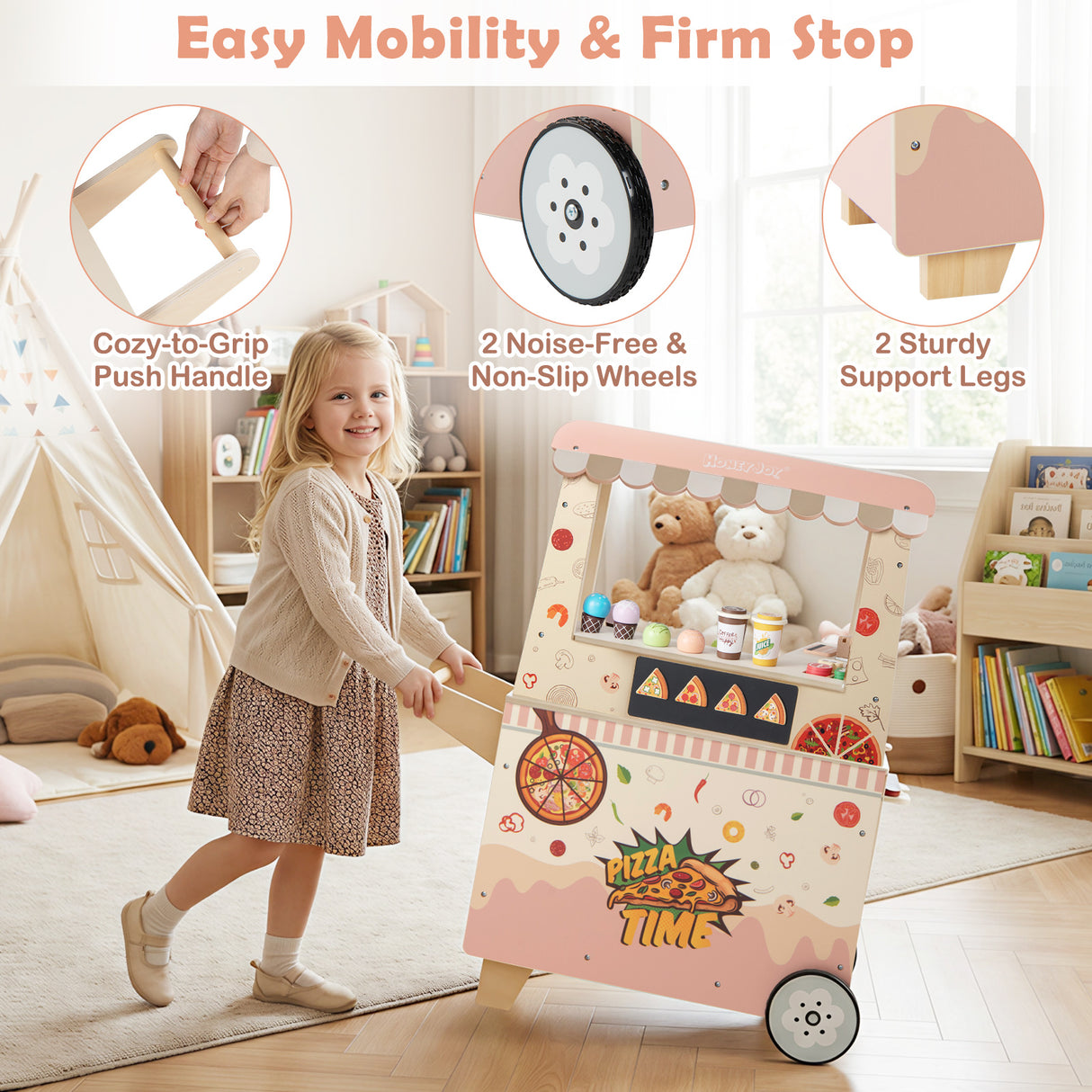 Wooden Pretend Play Snack Cart with Oven and Magnetic Blackboard