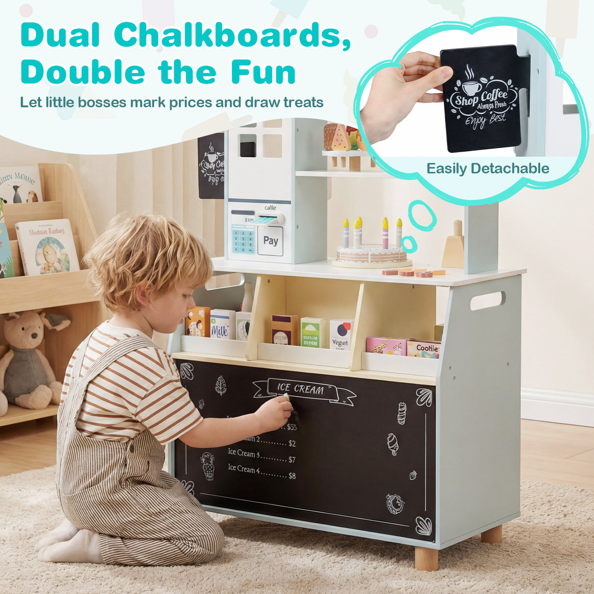 Kids Ice Cream Shop Wooden Grocery Store with 27 Accessories Gift for Boys and Girls Aged 3+