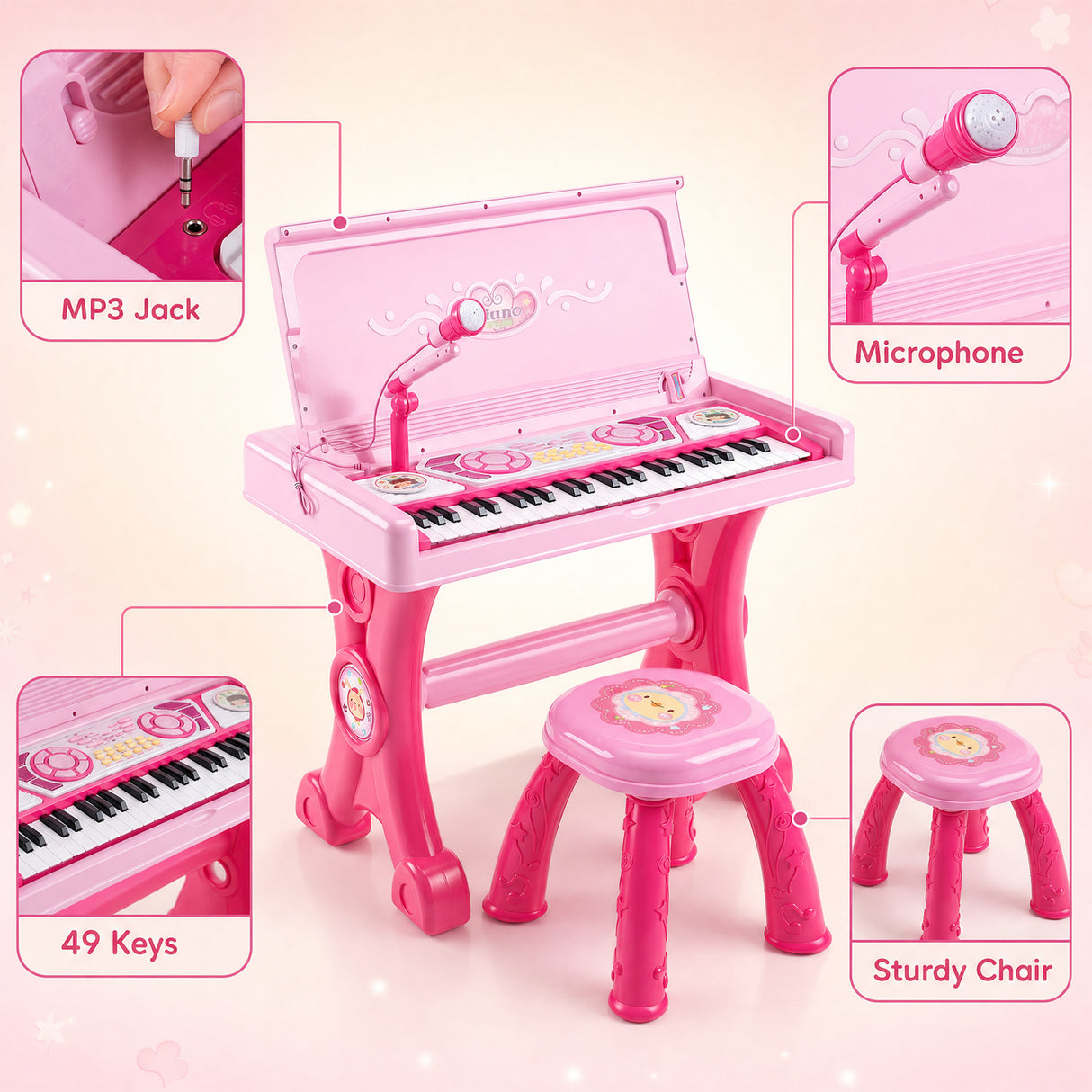 49 Keys Kids Electric Piano Keyboard Toy w/ Stool & Microphone, Educational Toddler Keyboard Set