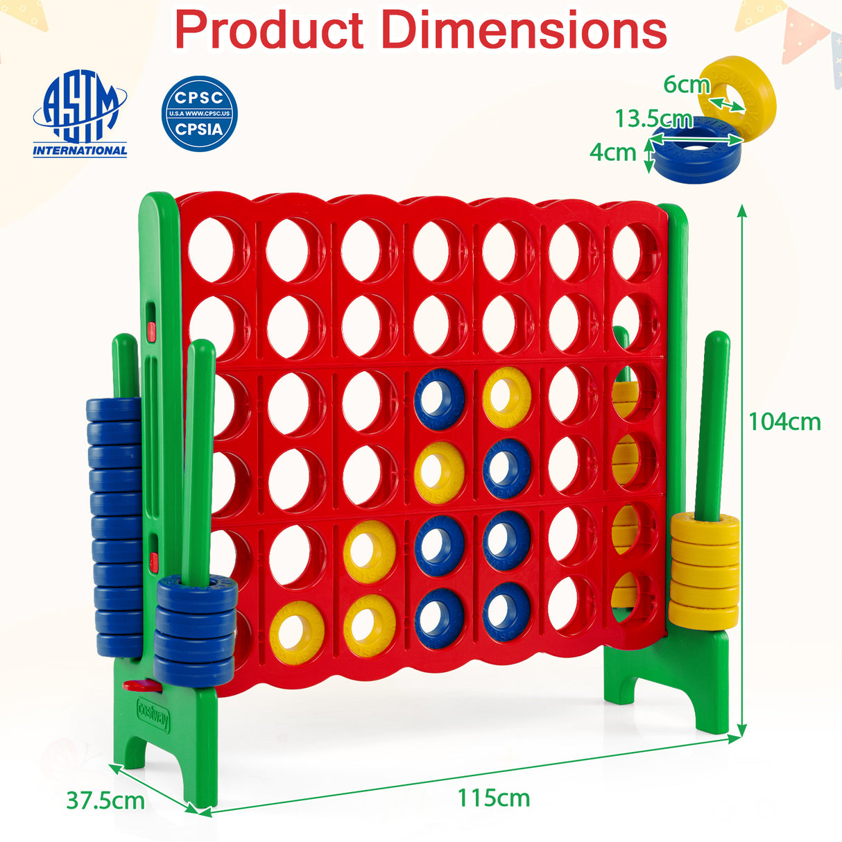 Giant 4-in-a-Row Game Set, Jumbo 4-to-Score Game with 42 Rings and Quick-Release Slider for Kids and Adults