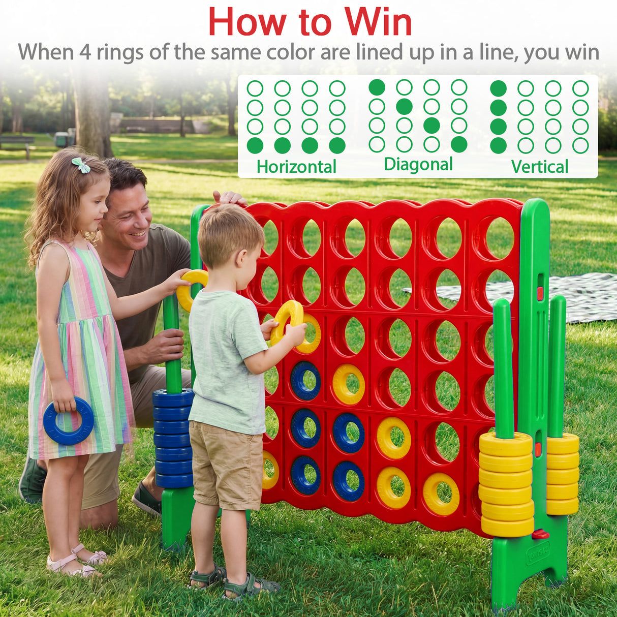 Giant 4-in-a-Row Game Set, Jumbo 4-to-Score Game with 42 Rings and Quick-Release Slider for Kids and Adults
