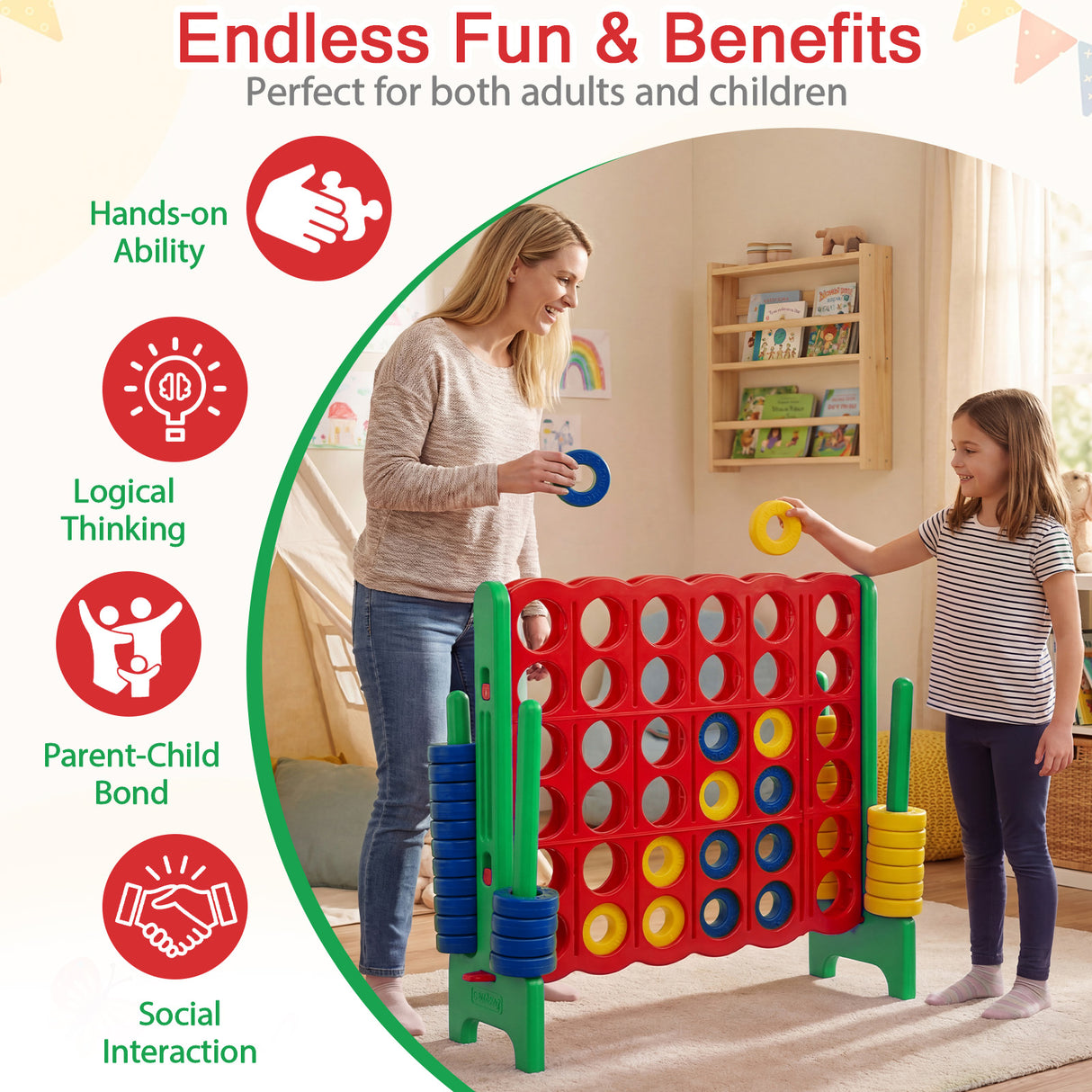 Giant 4-in-a-Row Game Set, Jumbo 4-to-Score Game with 42 Rings and Quick-Release Slider for Kids and Adults